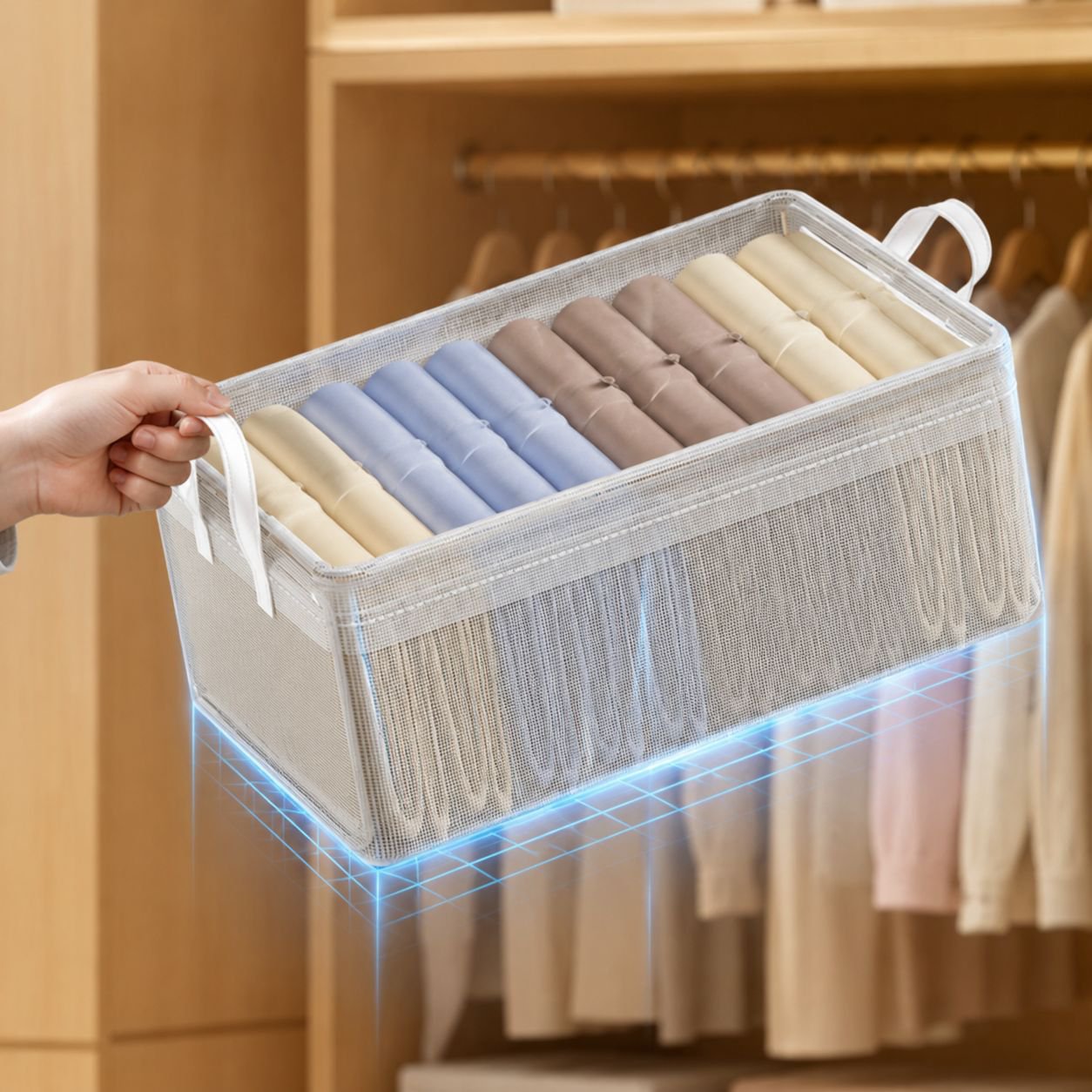 Neat closet with transparent layered storage boxes