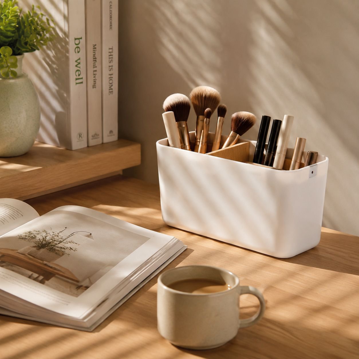 Stationery storage box holding pens and pencils