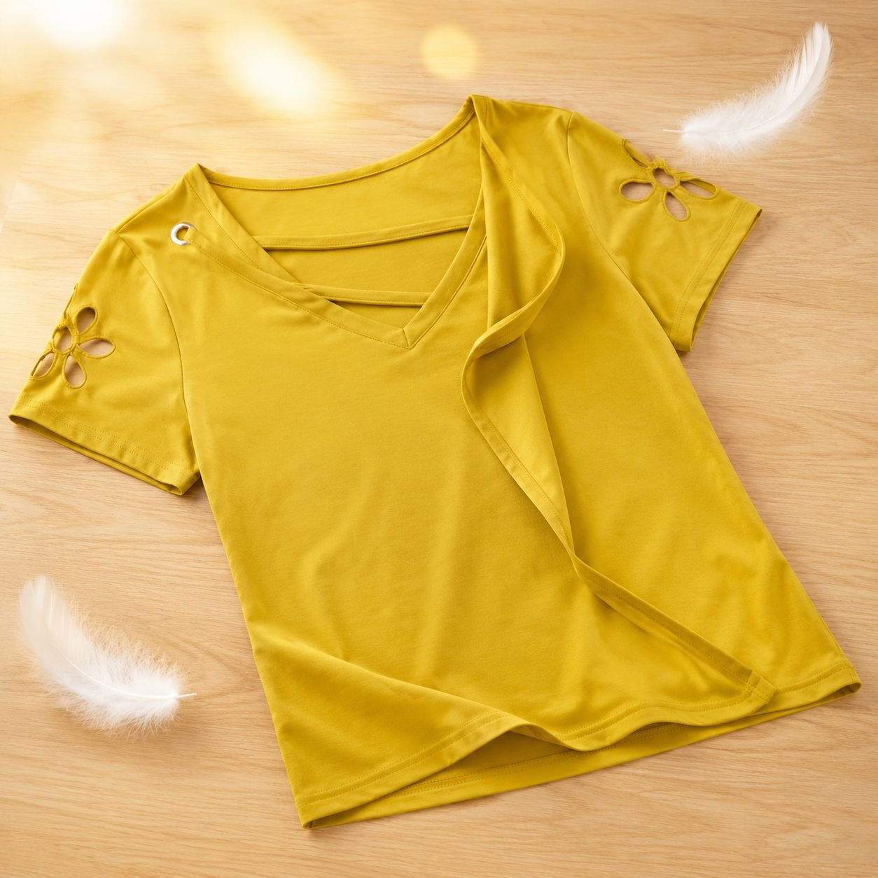 夏用刺繍入り透かし彫りVネックゆったりレディース半袖Tシャツ