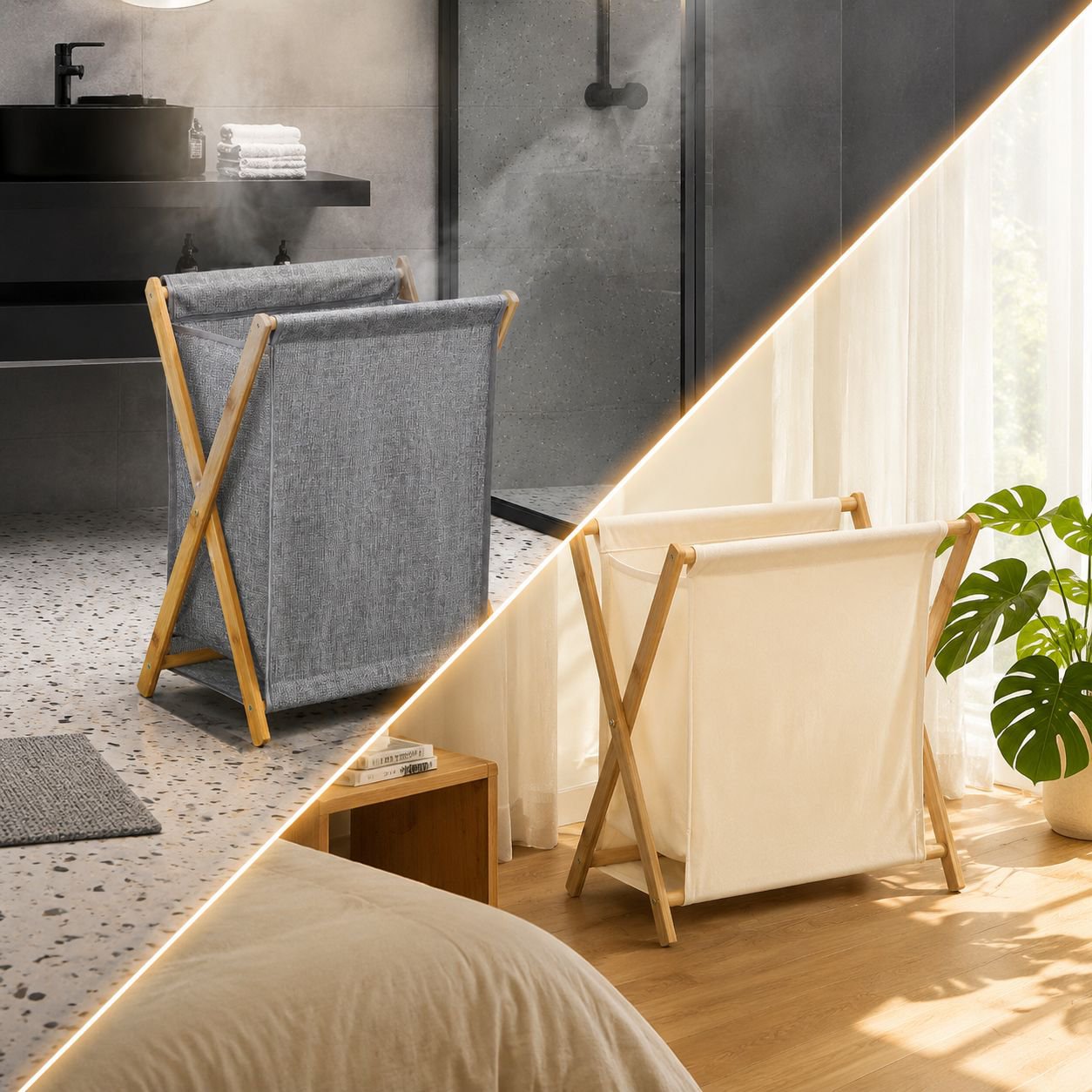 Space-saving bamboo laundry basket in closet