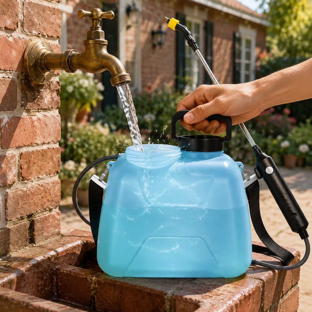 Rechargeable battery-powered spray pot in use