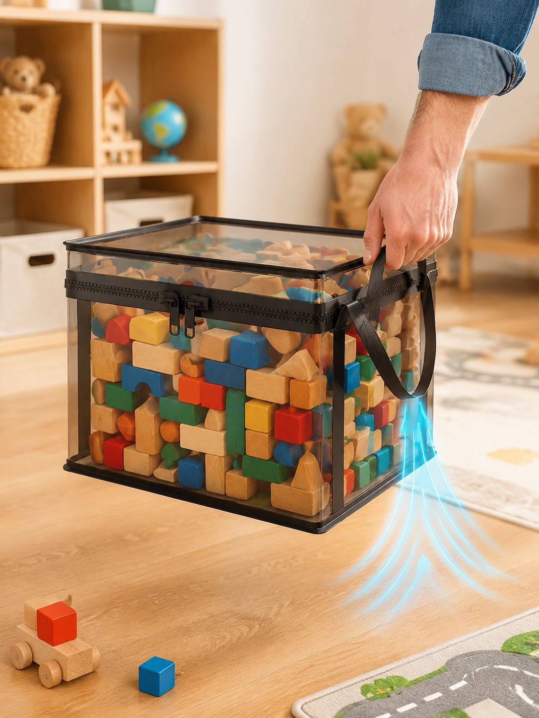 Stackable toy storage bins with secure lids