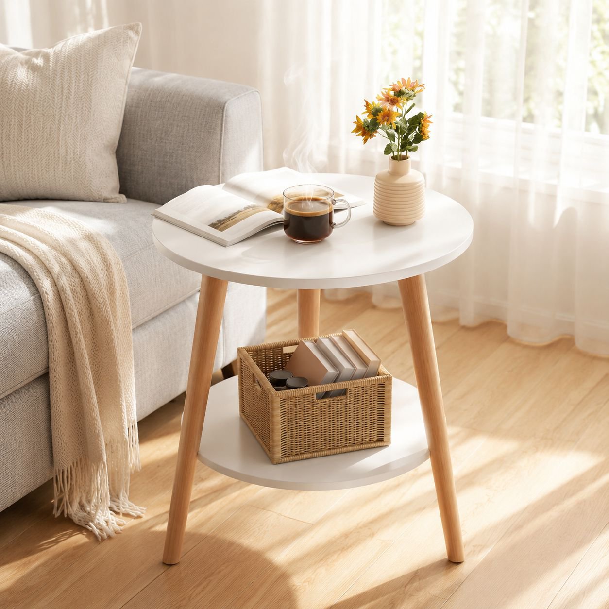 Home Small Bedside Table Modern Style Storage Table with Solid Wood Legs