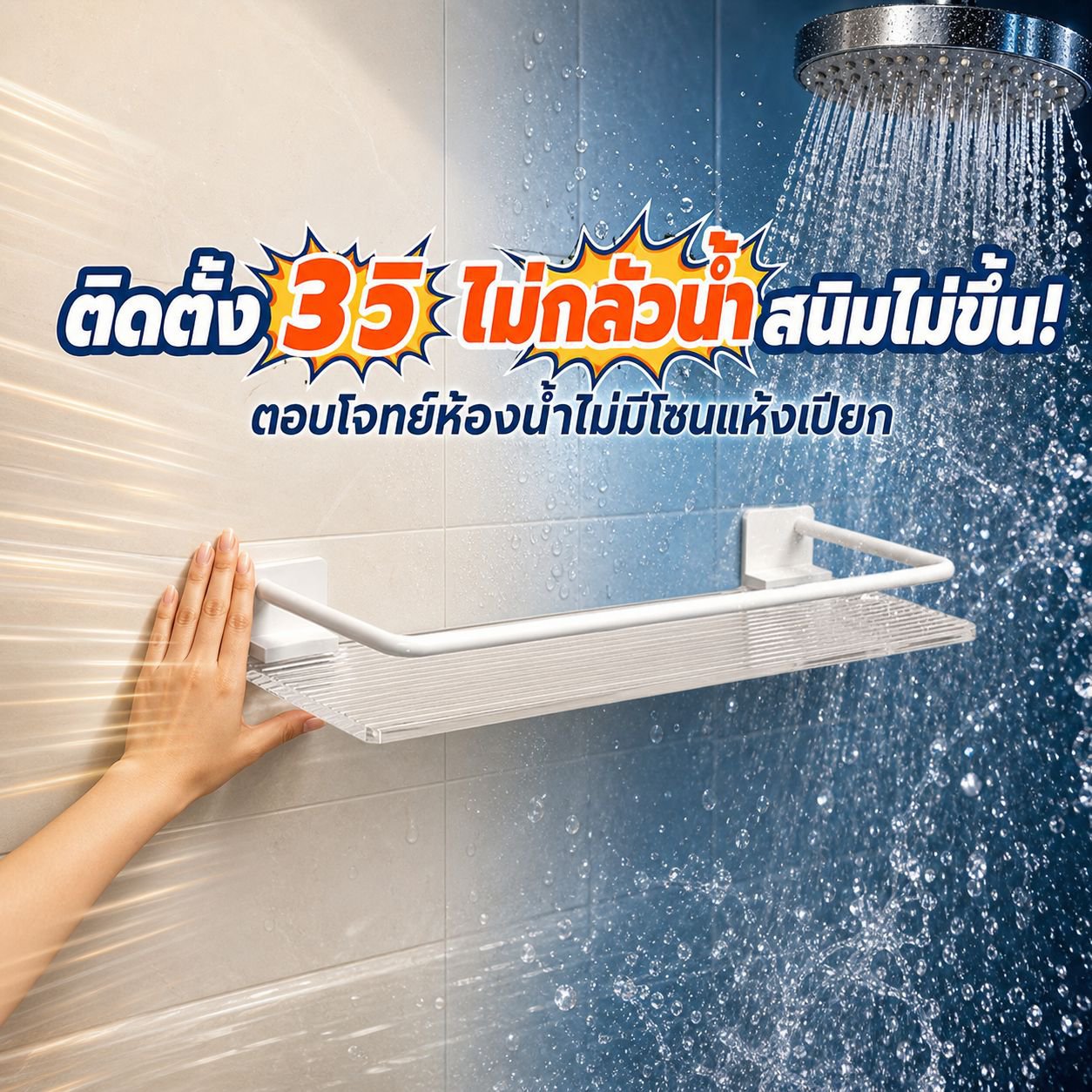ชั้นวางของอะคริลิคติดผนังในห้องน้ำ ไม่ต้องเจาะผนัง