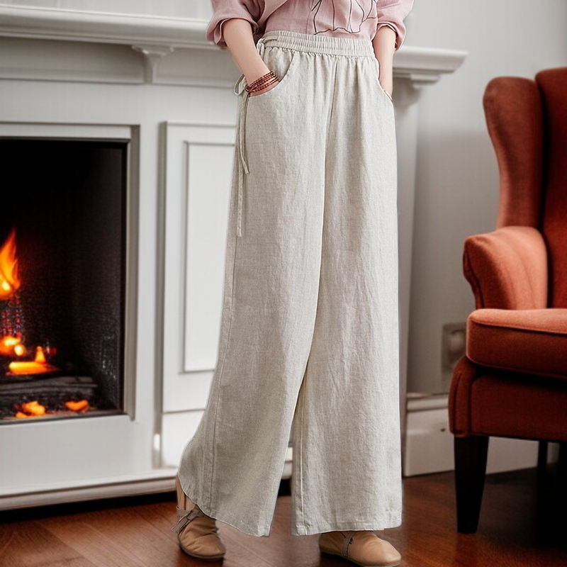 린넨 소재의 캐주얼 와이드 팬츠 디테일 이미지