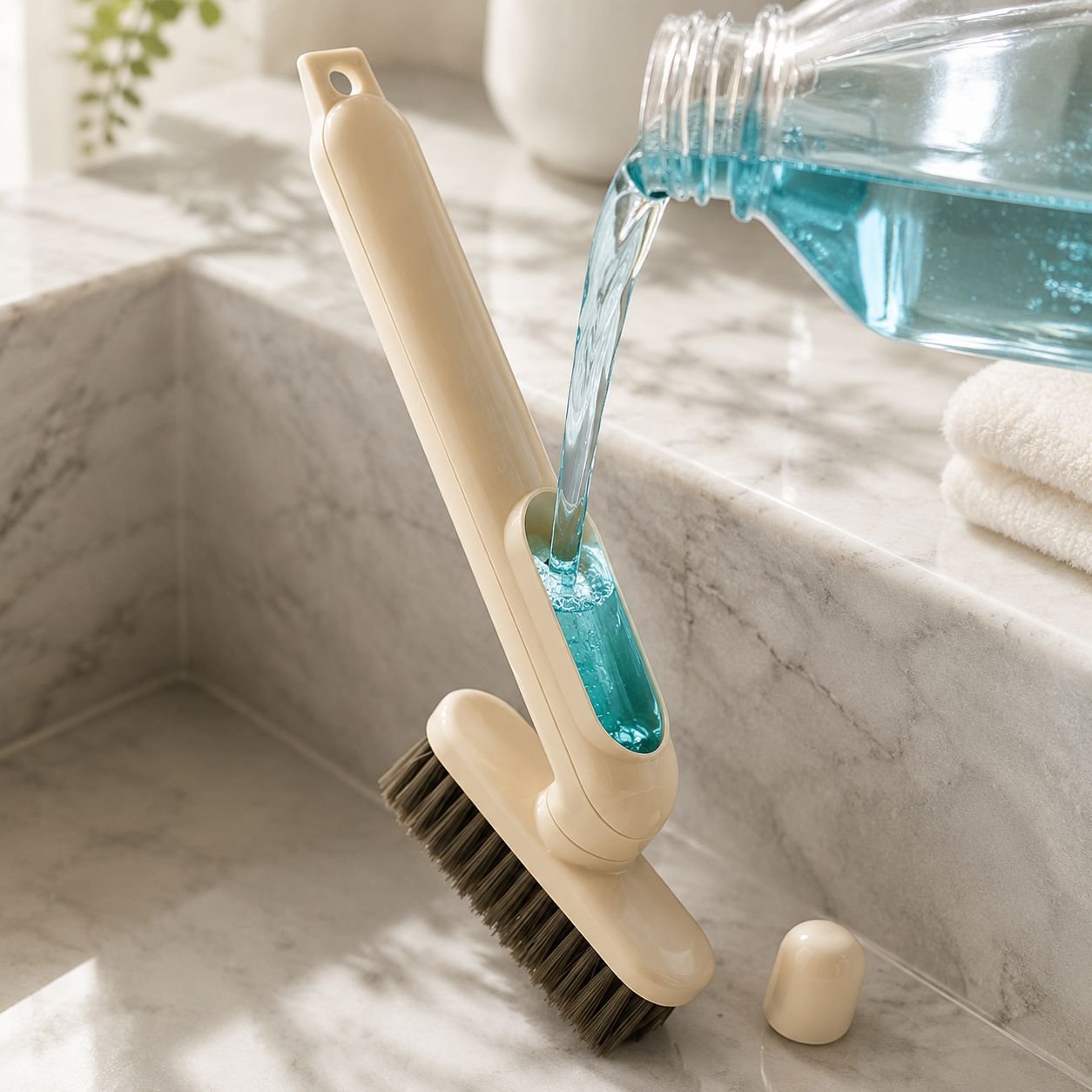 Outil de nettoyage pour salle de bain avec distributeur de liquide