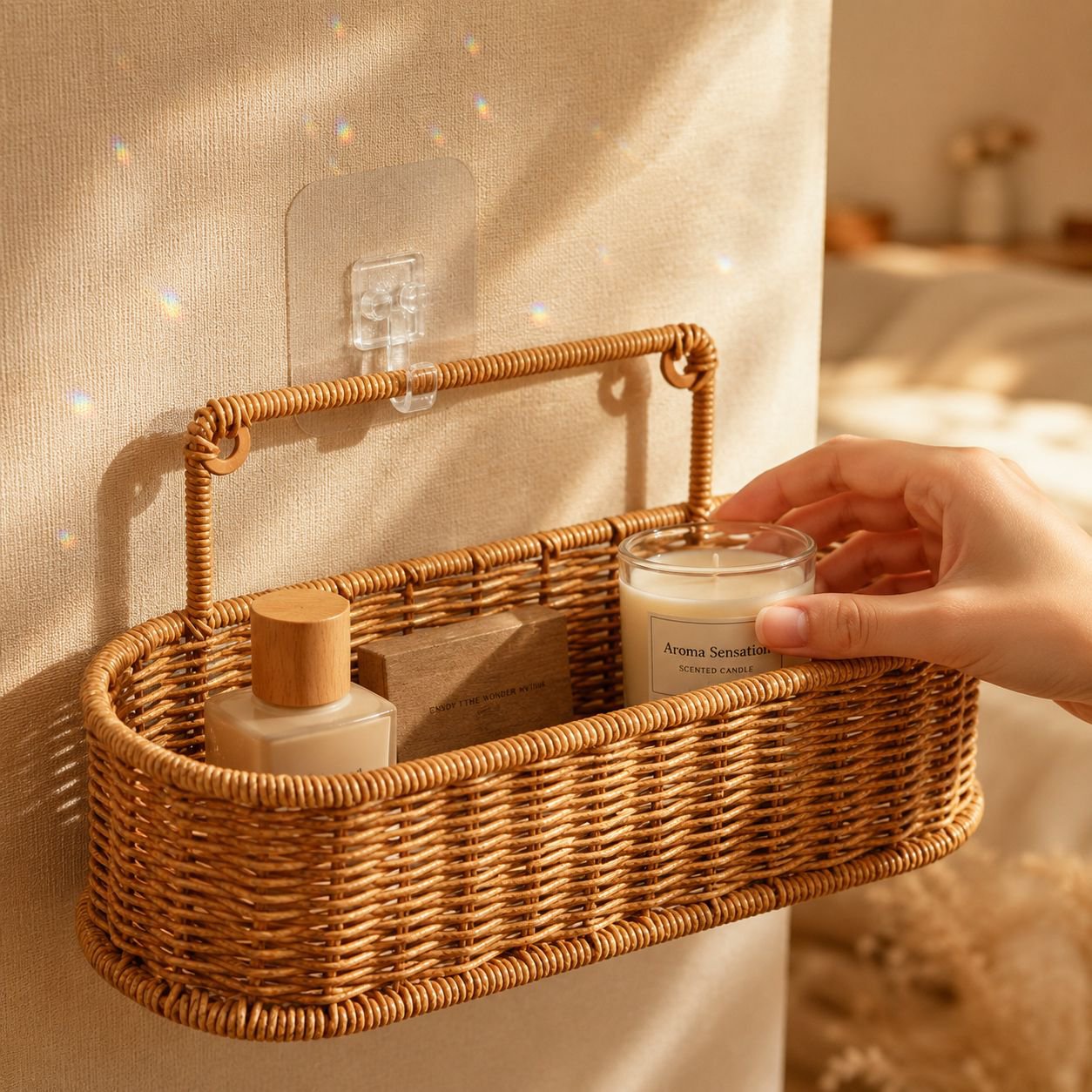 Shower supply organizer rack with rattan design holding toiletries