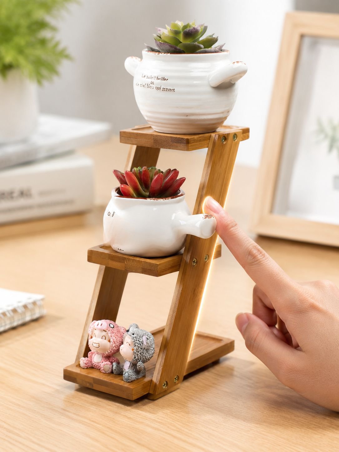 Bamboo flower stand showcasing small pots in living room
