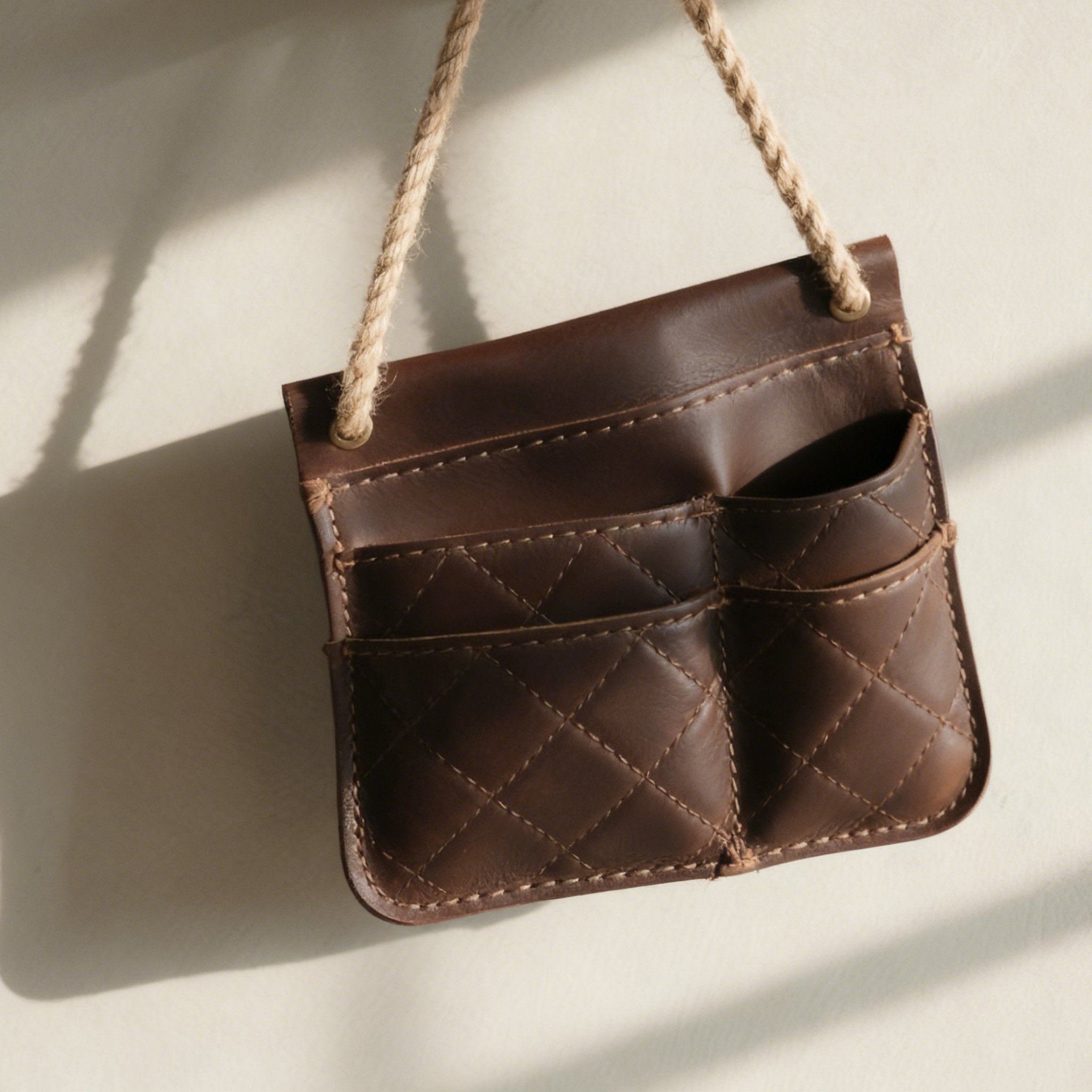 車内に取り付けた革製吊り下げ収納ポーチの使用例