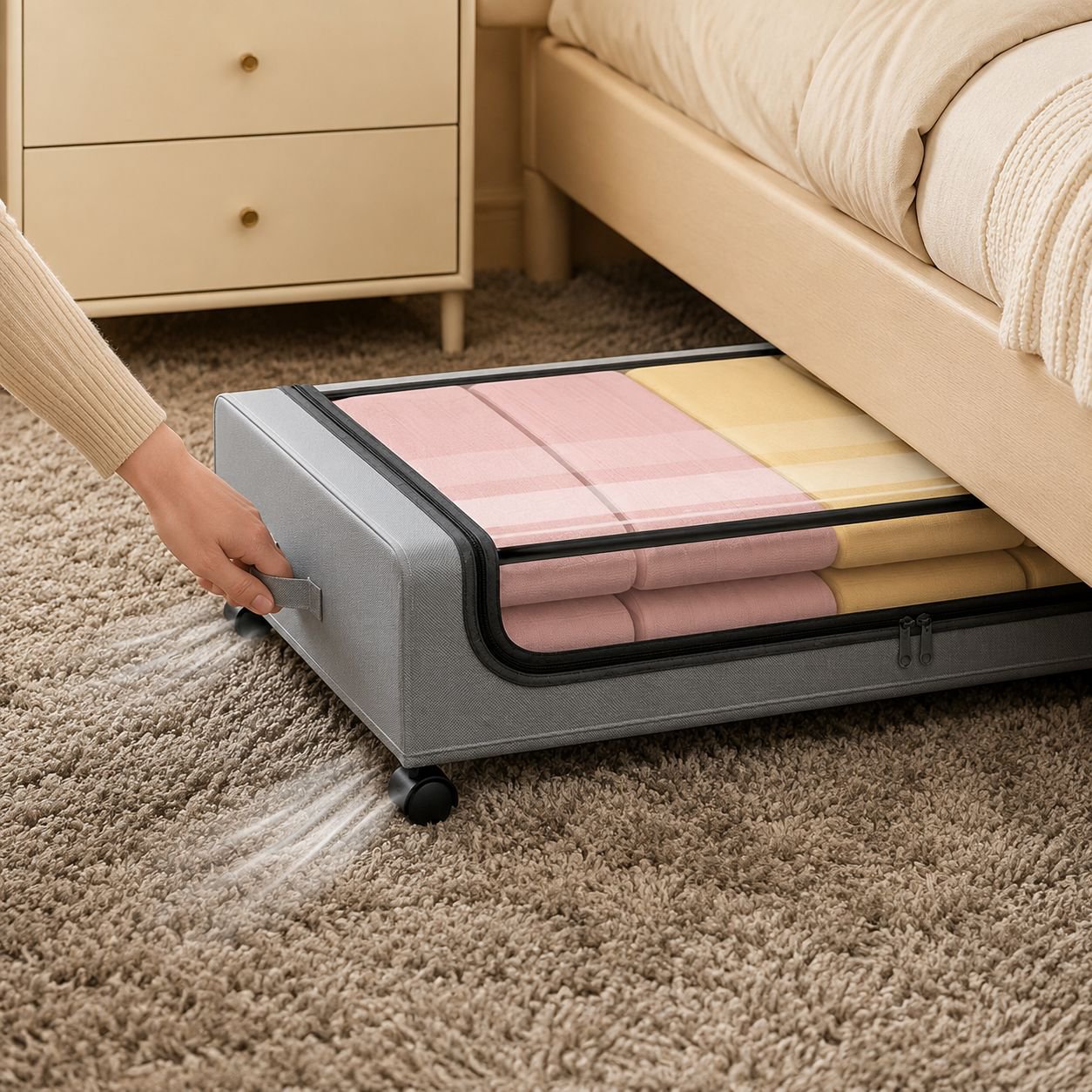 Wheeled, dustproof, covered folding under-bed storage box