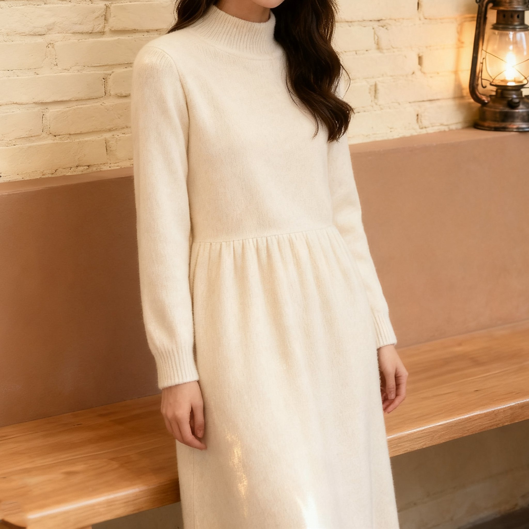 여성 우아한 하이넥 니트 원피스 전체 착용컷