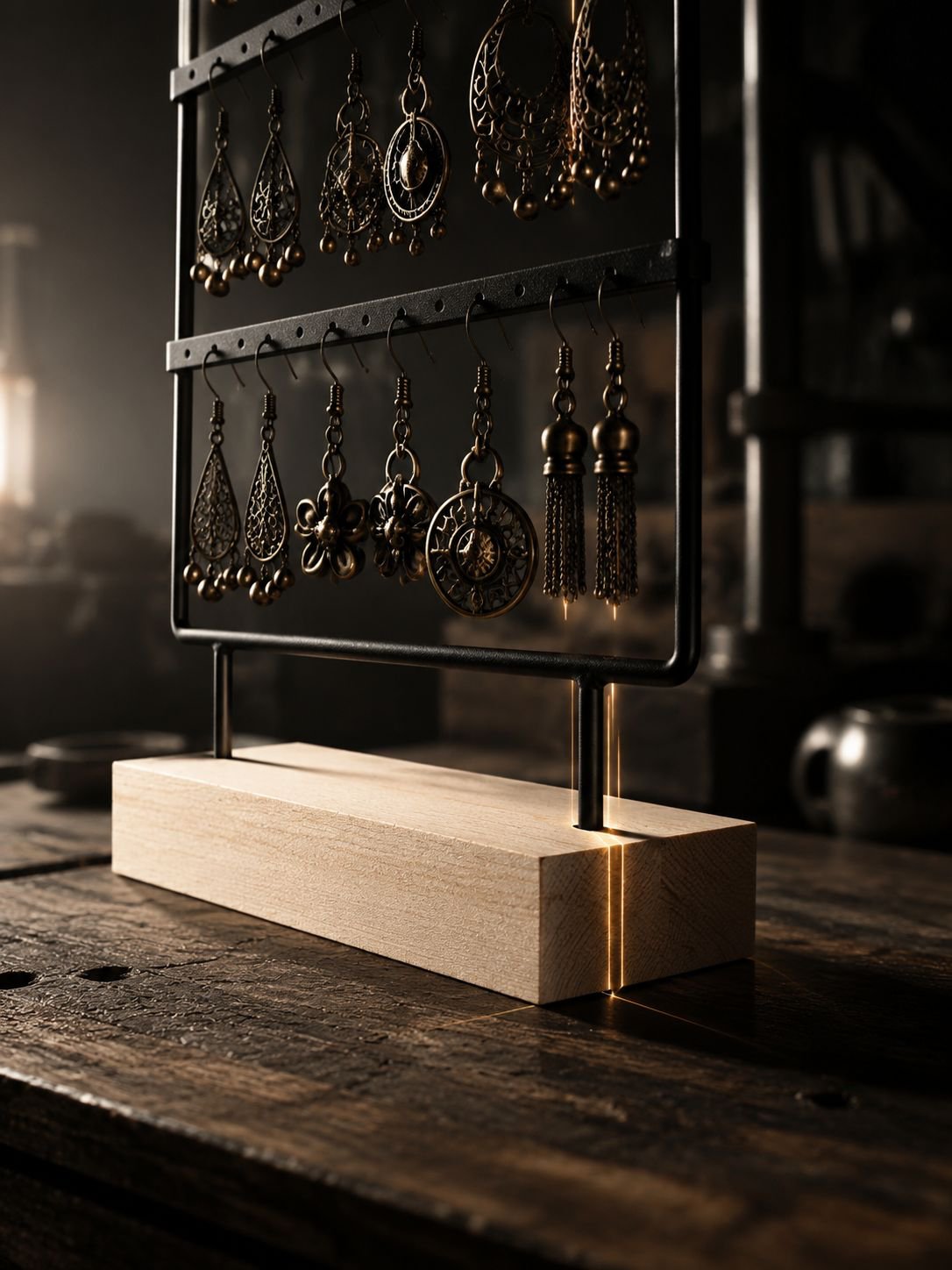 Close-up of sturdy wood and iron earring storage rack