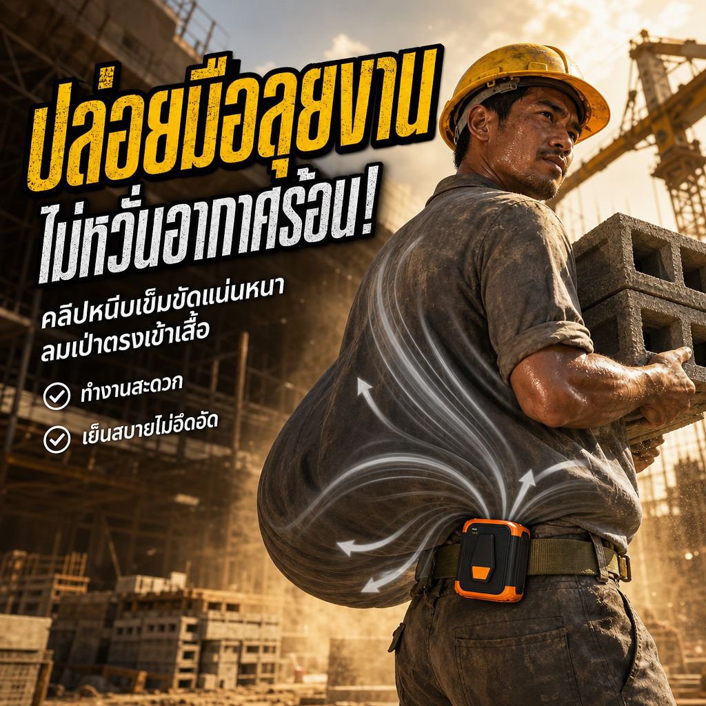 พัดลมพกพาติดเอวสำหรับไซต์งาน ลมแรง เย็นสบายกลางแจ้ง
