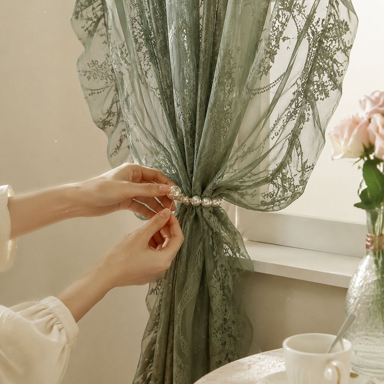French Country Style Semi-Blackout Lace Curtains for Living Room and Bedroom