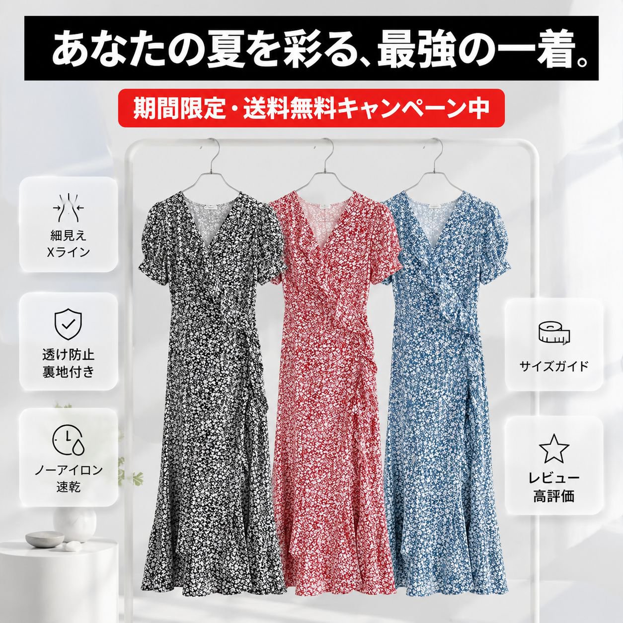 ウエスト絞りストリング 花柄ワンピース 夏 レディース