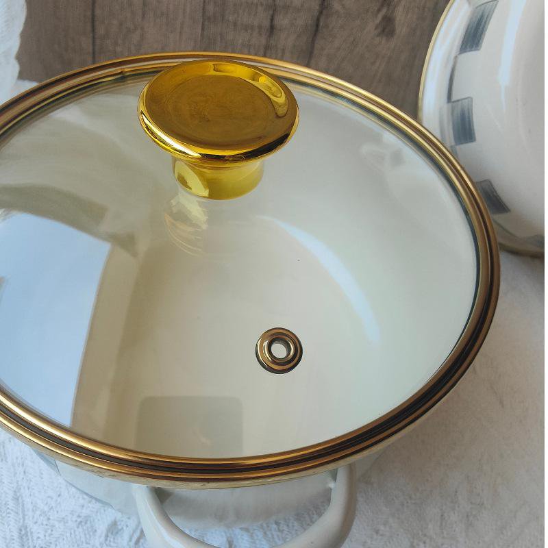 Enameled 3-piece Instant Noodle Pot Set, Gray and White Checkered Flat Bottom Double Handle