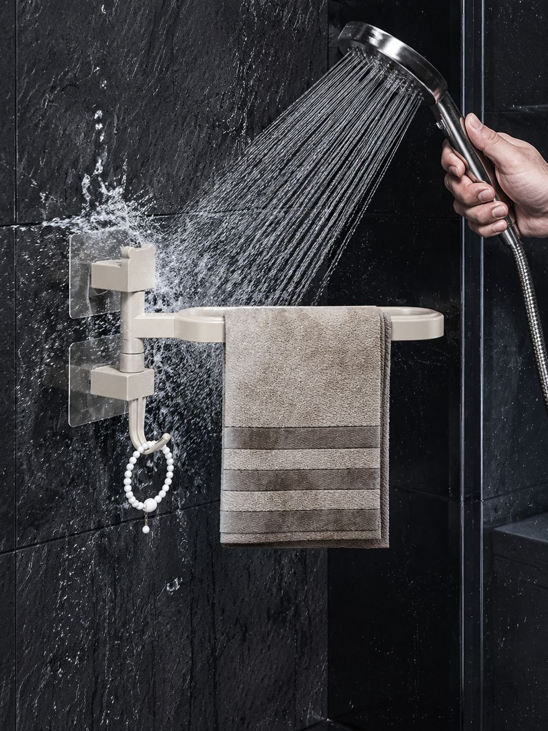 Minimalist bathroom with mounted towel shelf