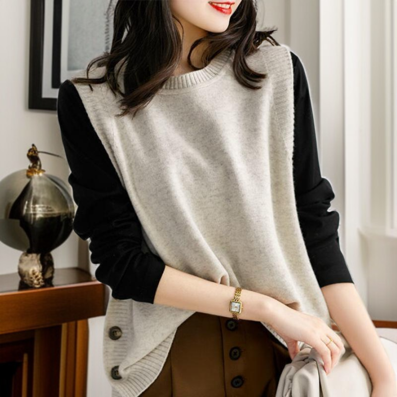 若々しい印象のミスティブルーベスト着用例