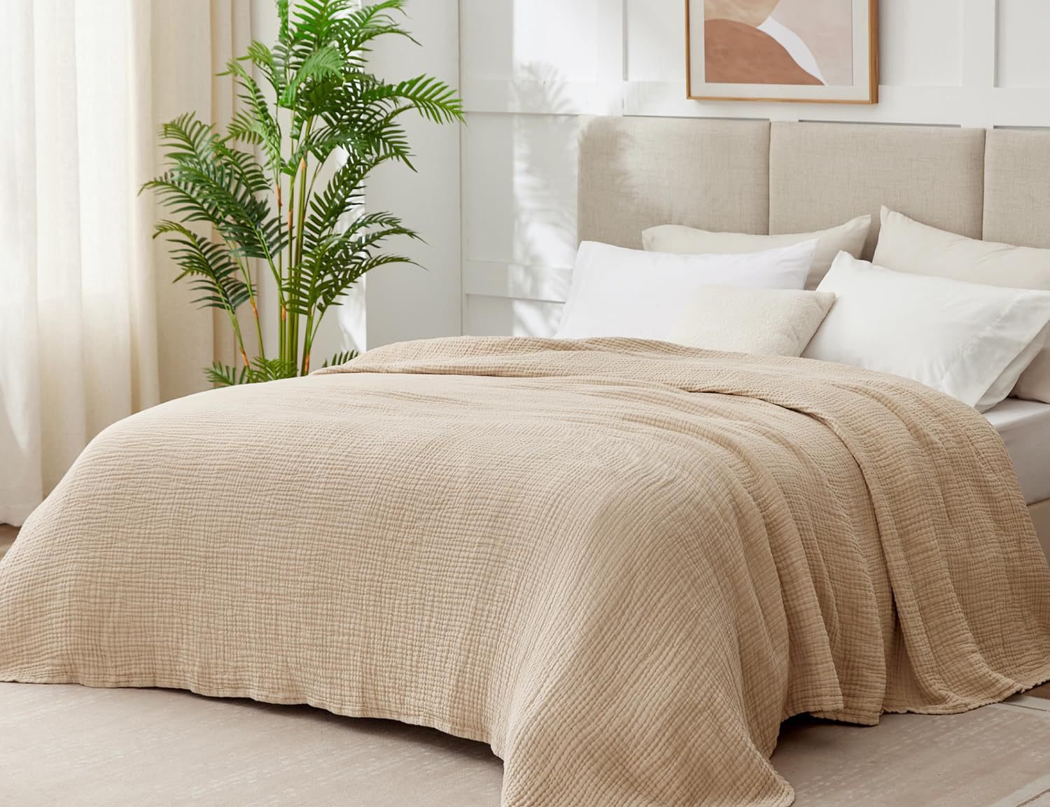 Lightweight pure cotton plain weave blanket folded on bed