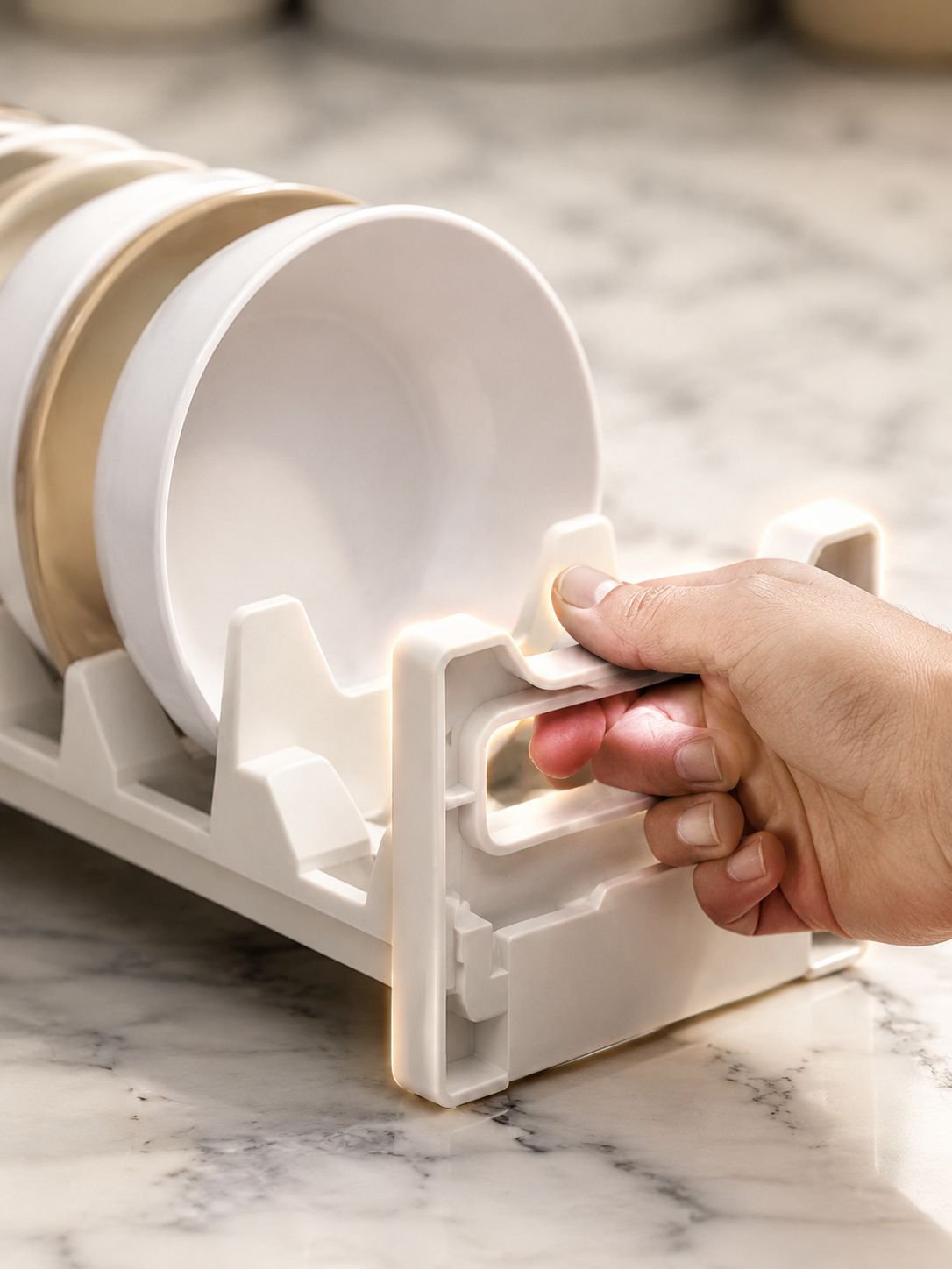 Space-saving plate and bowl organizer for kitchen drawers