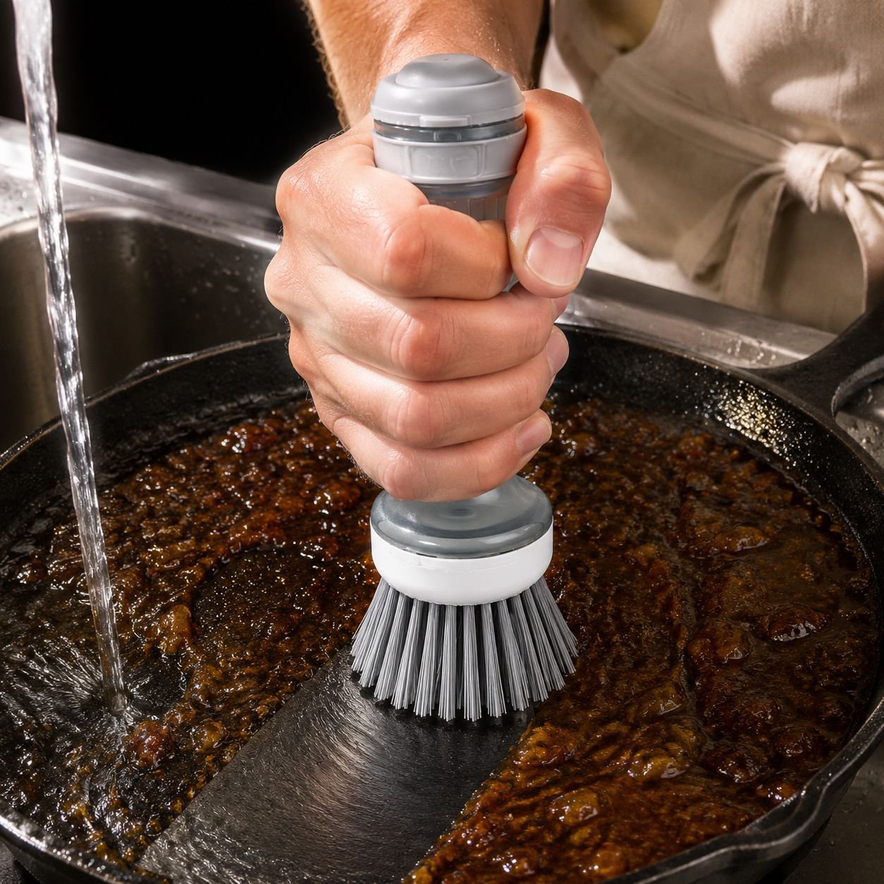 Brosse de cuisine avec réservoir de liquide rechargeable posée sur l'évier