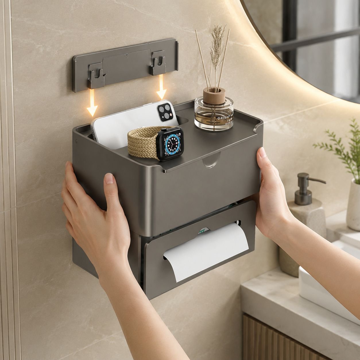Tissue box installed above toilet for convenience