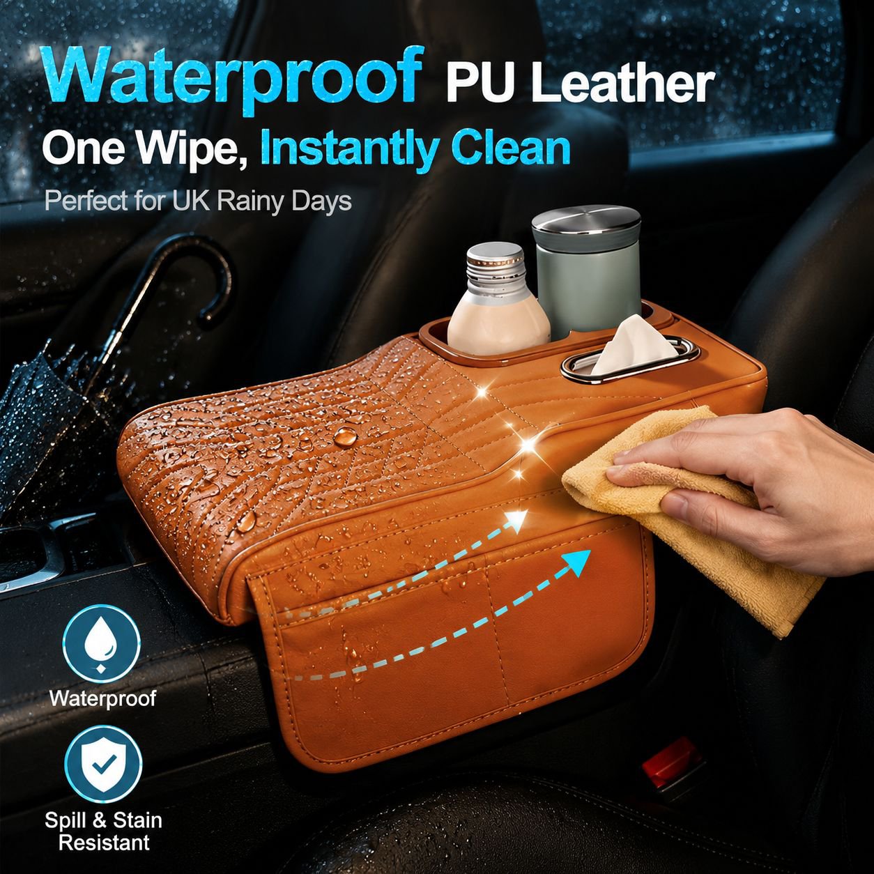 Car Armrest Cushion with Tissue Dispenser and Cup Holder Interior Upgrade Accessory