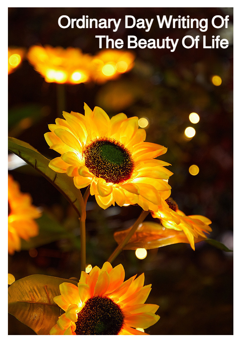 Solar powered sunflower lamp in garden setting