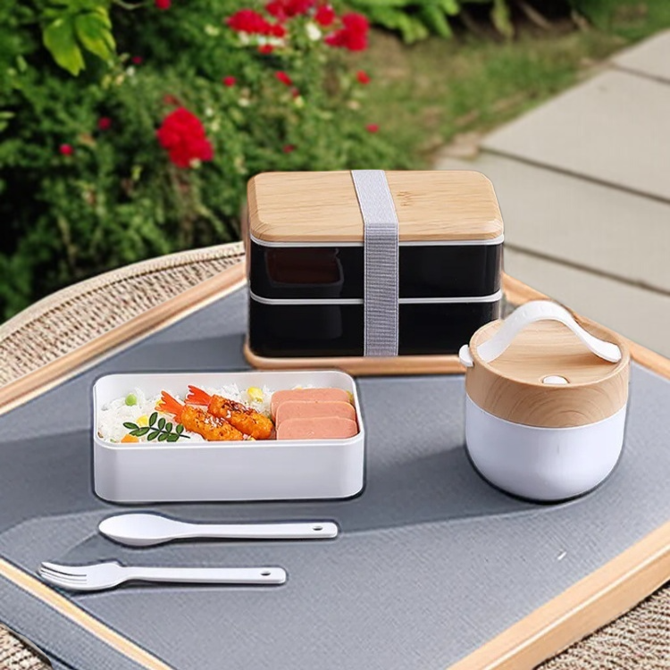 アウトドア弁当箱 ダブルランチボックス 密封された蓋付きの学生カトラリーセット 電子レンジ可能な屋外ポータブルランチボックス