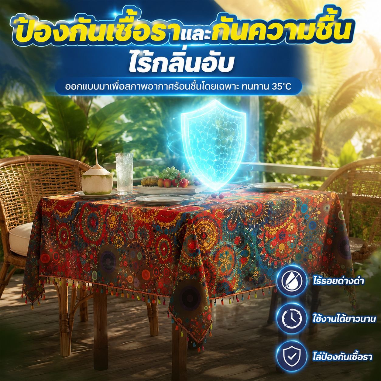 ผ้าปูโต๊ะโบฮีเมียนกันน้ำ พู่สีสันสดใส ทนต่อการใช้งาน ป้องกันฝุ่น