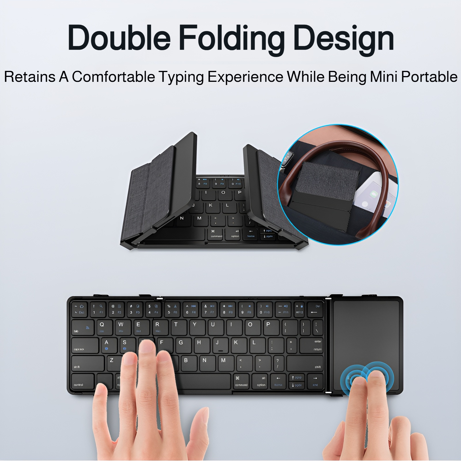 Teclado Bluetooth plegable doble con touchpad, conectable a laptop, tablet y móvil