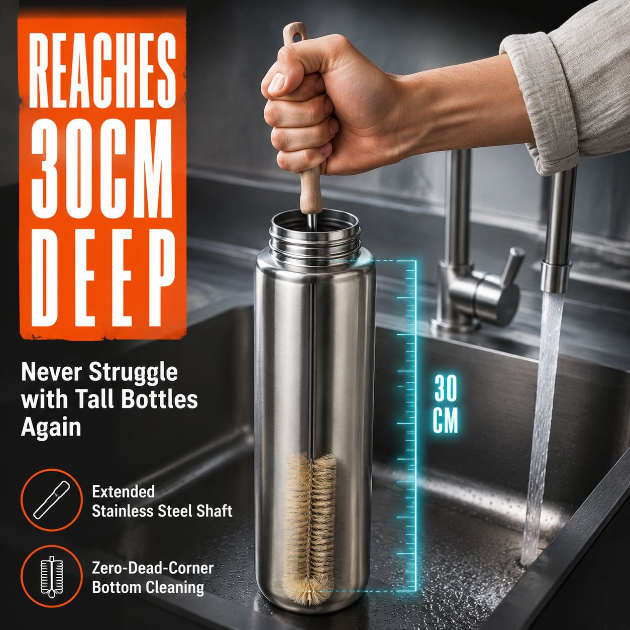 Long Wooden Handle Cleaning Brush for Bottles, Cups, and Glassware