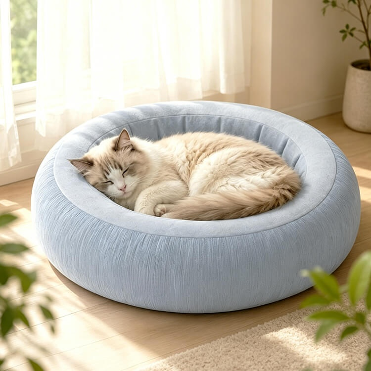 全面包みペットベッド、ドーナツ型デザイン、猫や犬の快適な睡眠に最適