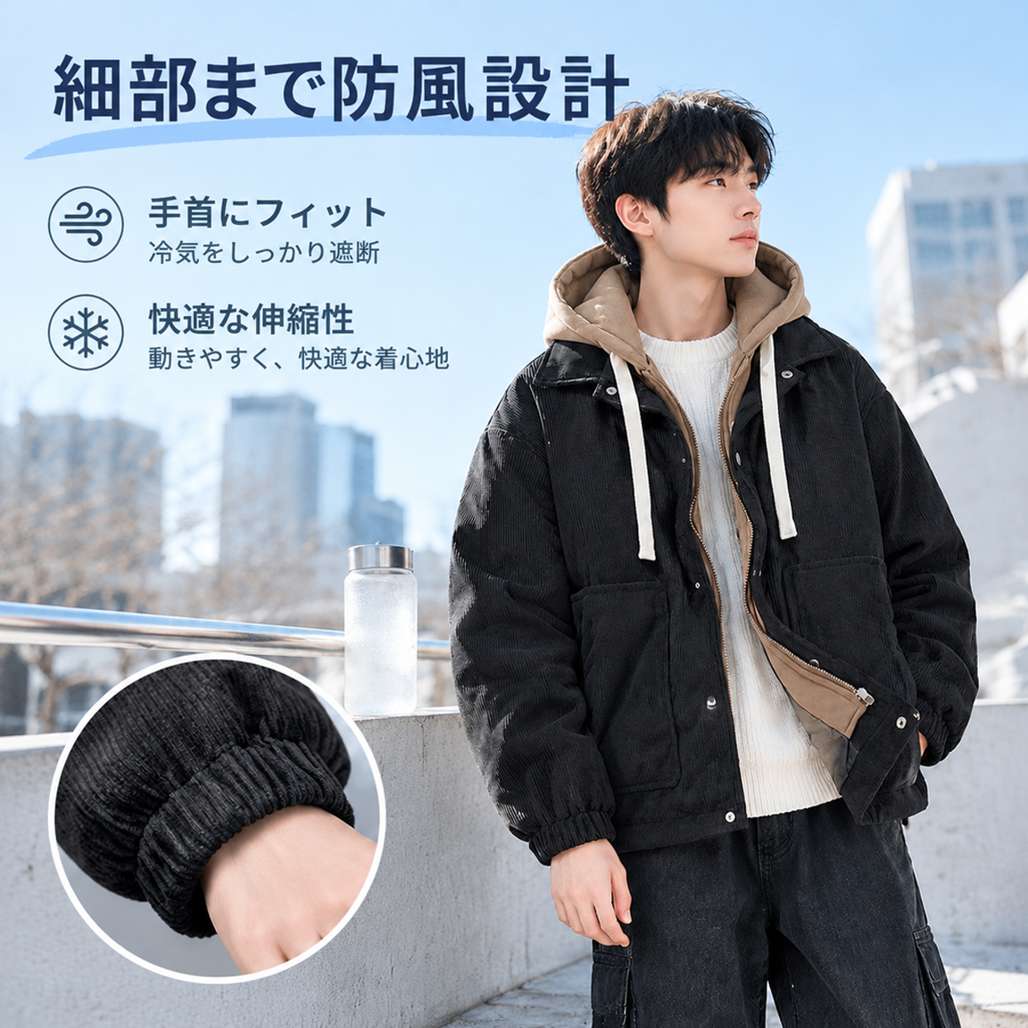 和風のおしゃれなカップル用コーデュロイフード付きジャケット、秋冬用、フリース裏地付きで厚手、メンズのフェイクツーピーススウェットシャツ、香港スタイルのジャケット。
