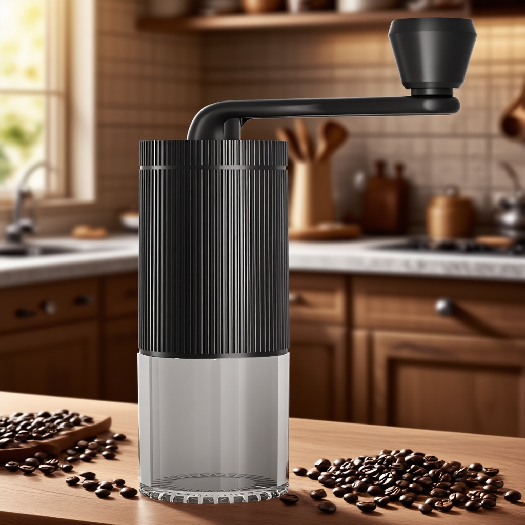 Ruční mlýnek na kávu s nastavitelnou klikou, snadno čistitelný a přenosný