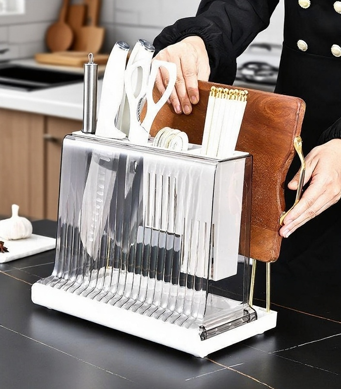 수납대에 칼과 젓가락을 넣는 모습