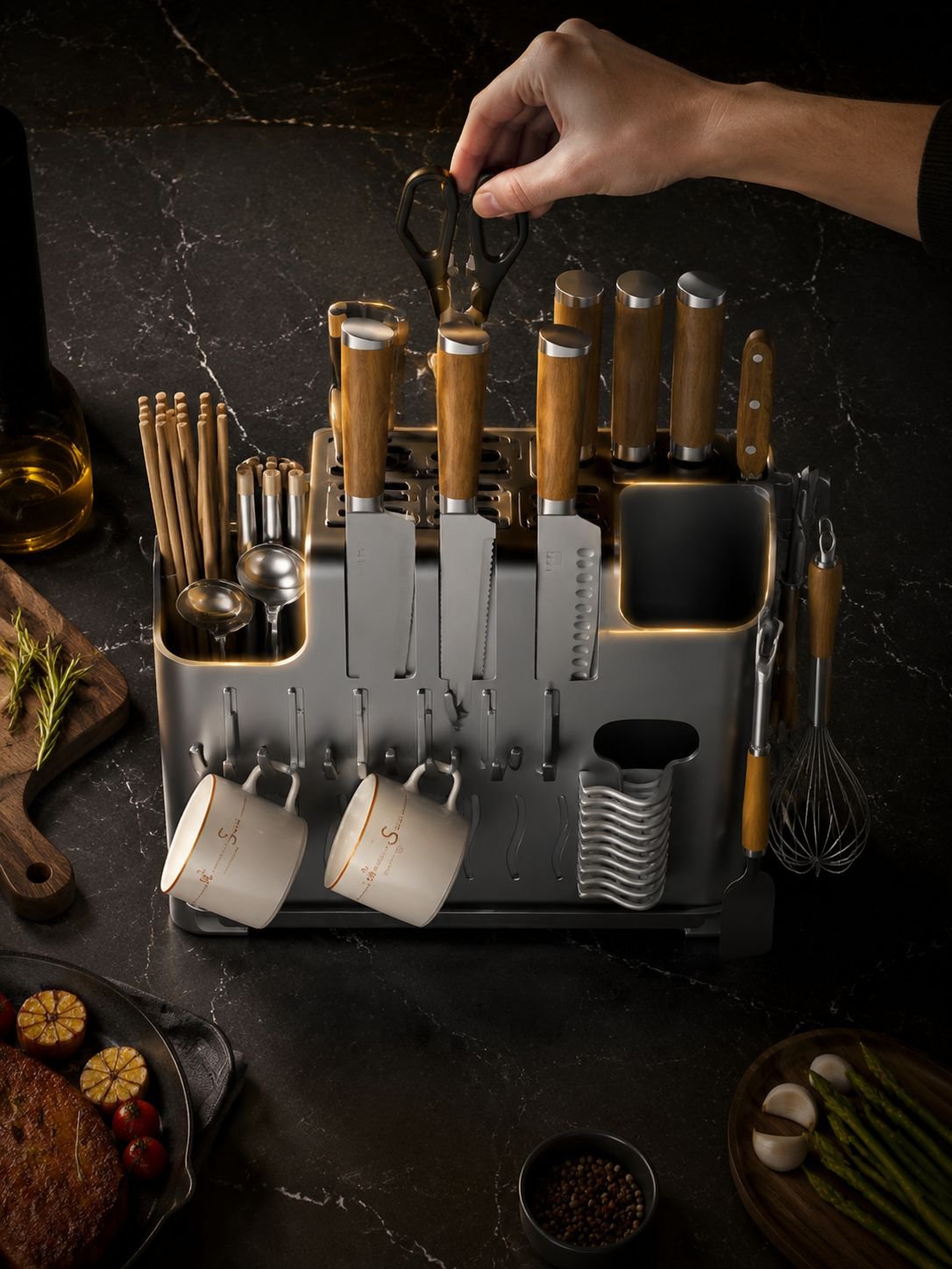 Space saving kitchen rack holding utensils and pans