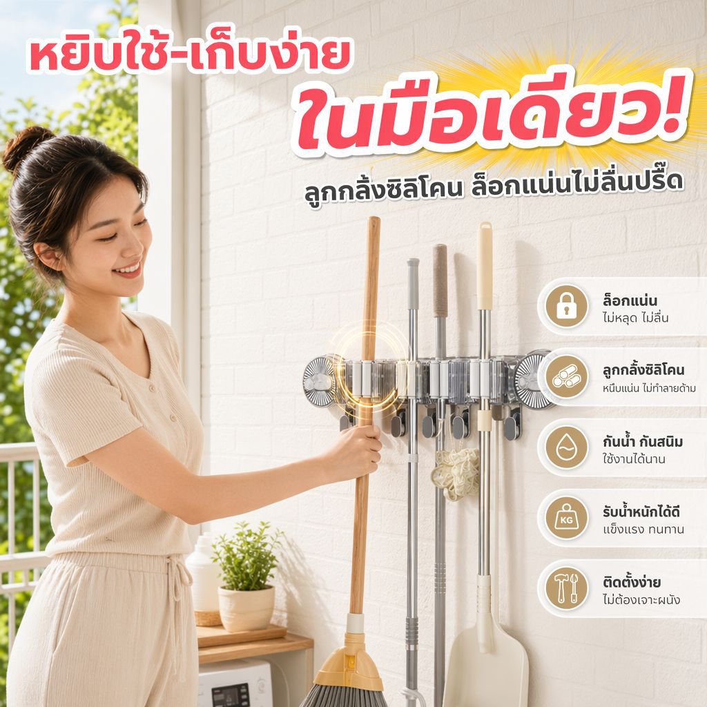 ที่หนีบไม้ถูพื้นแบบดูดติดผนัง ไม่ต้องเจาะ พร้อมตะขอและชั้นวางของในห้องน้ำ