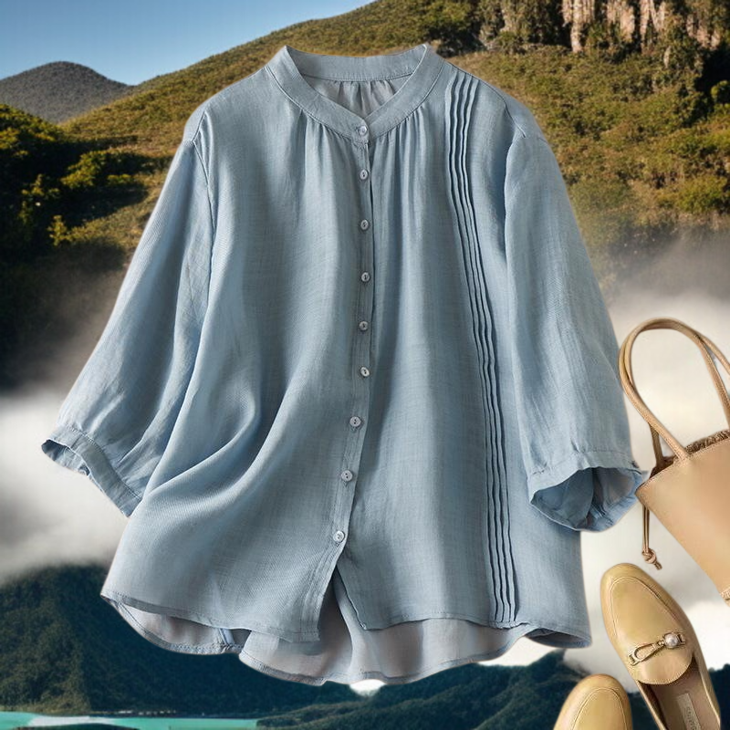 차이나 칼라와 주름 디자인의 여름 티셔츠