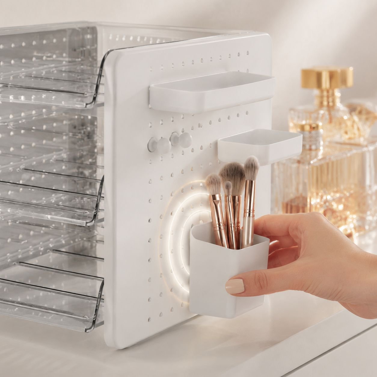 Desk organizer holding pens, pencils, and makeup brushes