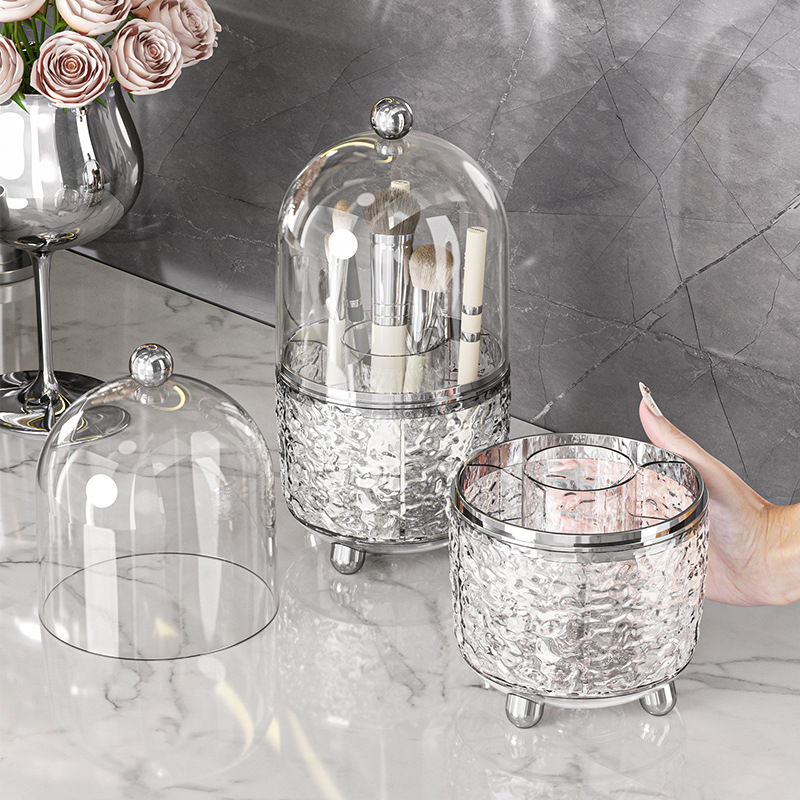 Boîte de rangement à pinceaux de maquillage rotative transparente pour bureau