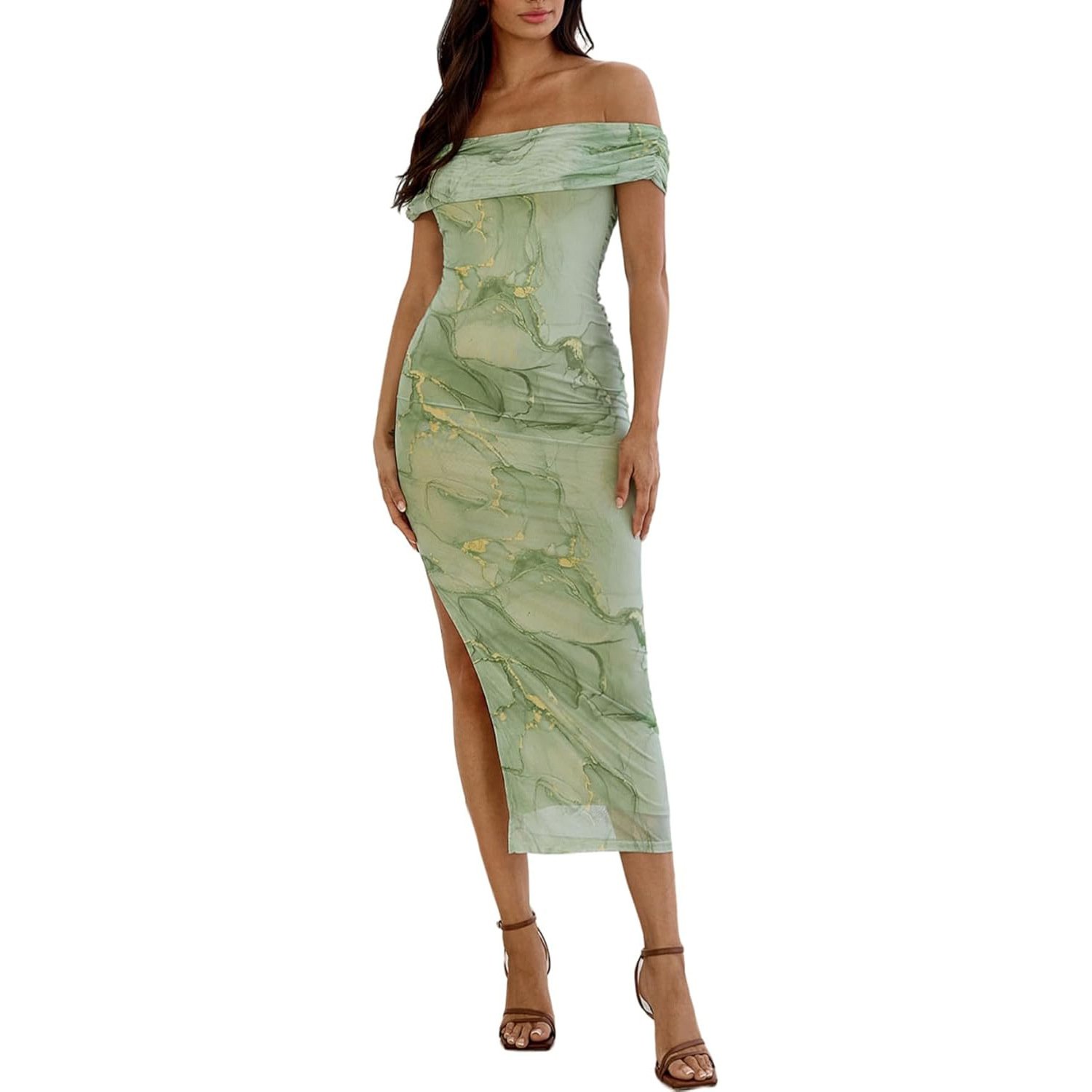 性感印花包臀開衩修身褶皺長裙