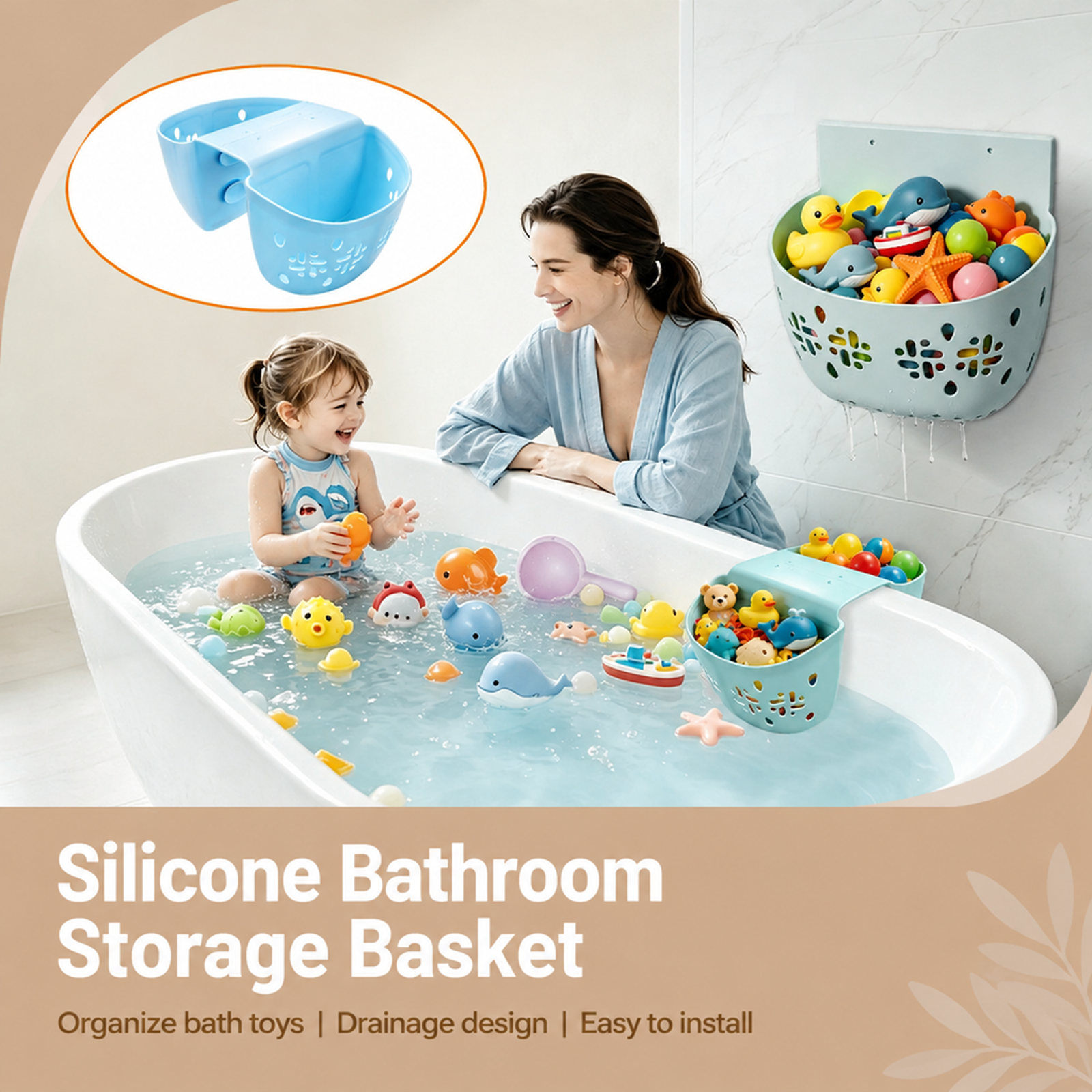 Baby bathtub storage bag, made of soft, food-grade silicone, non-slip, wall-mountable, with a large 