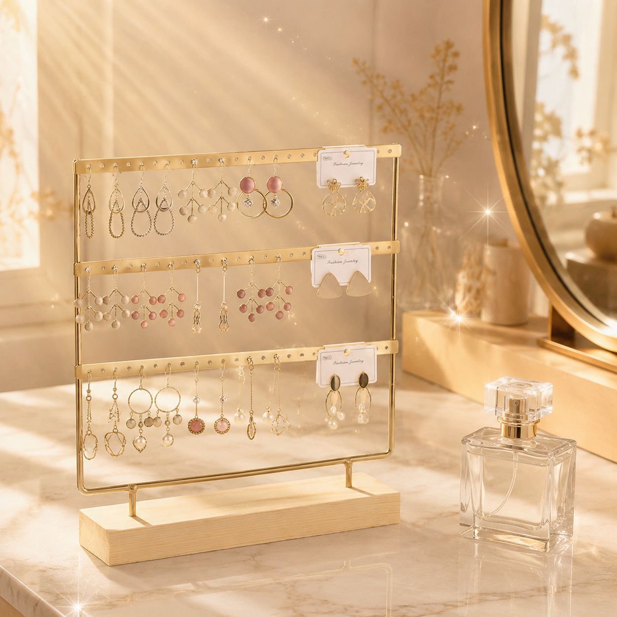 Home Earring Storage Rack, Solid Wood and Wrought Iron Jewelry Display Stand