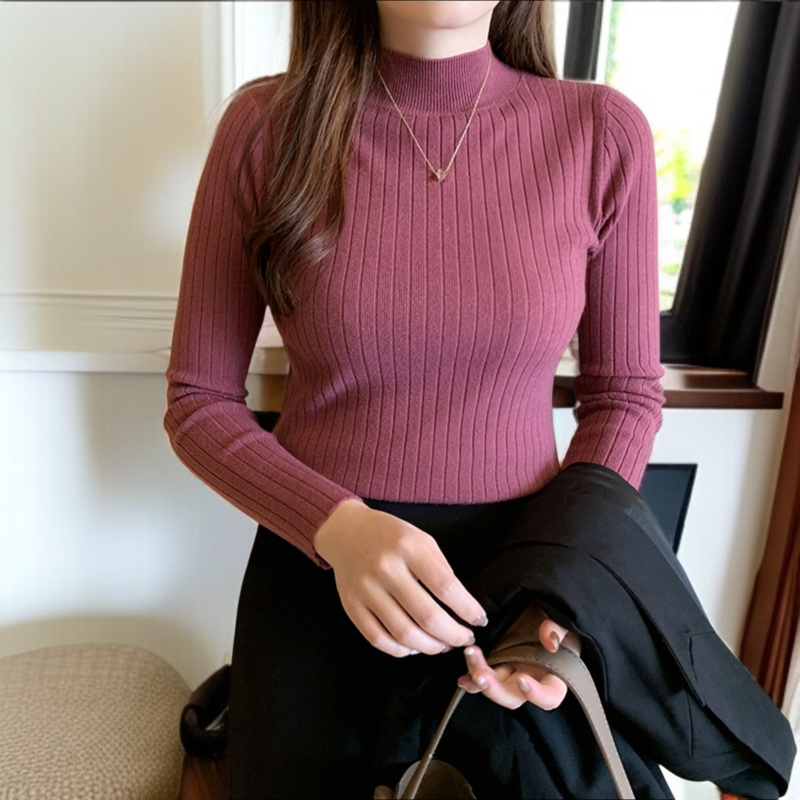 女性用長袖スリムニットセーター着用イメージ