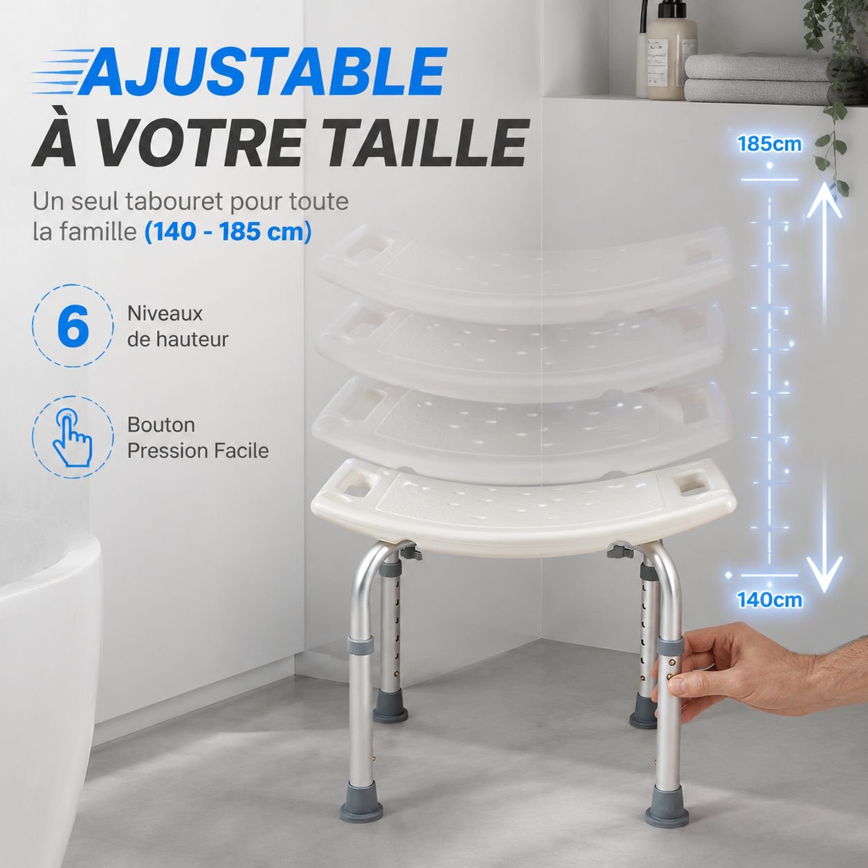 Chaise de bain pour seniors avec cadeau, dossier antidérapant et hauteur réglable