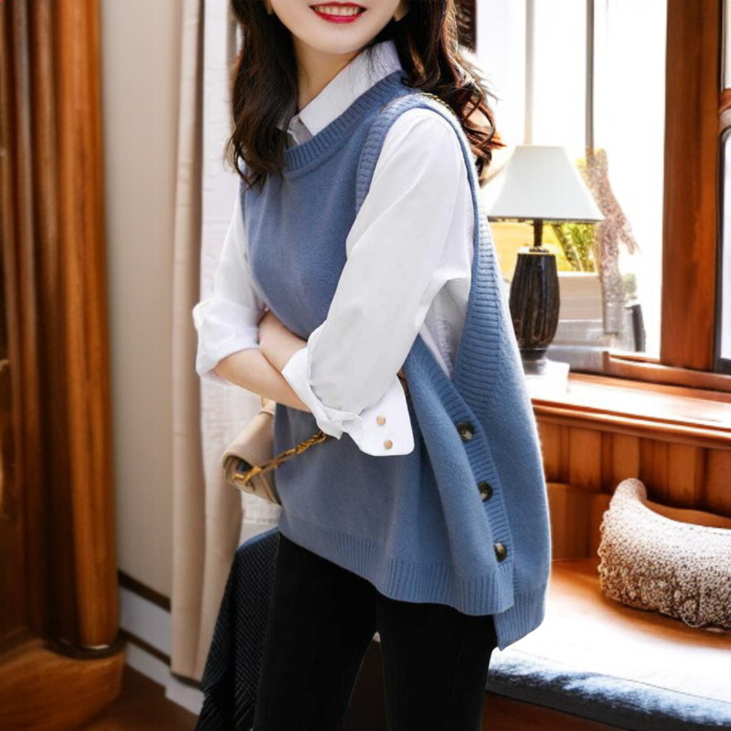 エレガントなラウンドネックデザインのニットベスト
