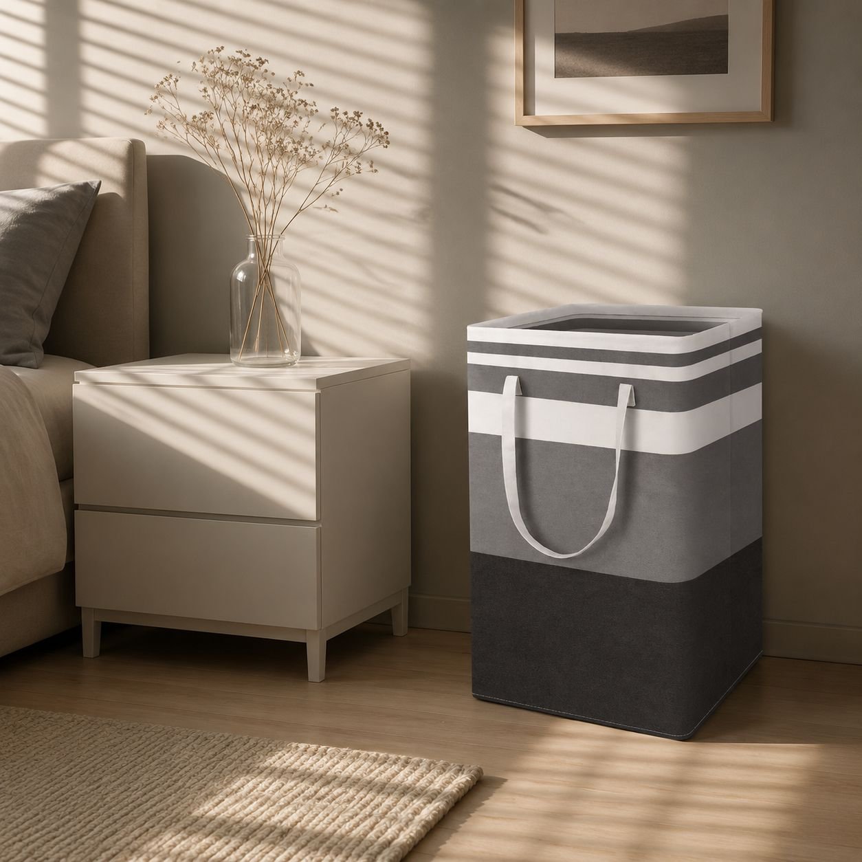 Idée de rangement chambre enfant avec panier à linge tissu