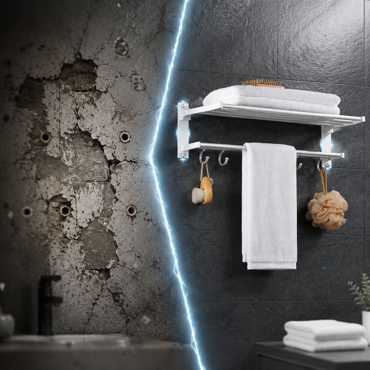 White no-drill bathroom towel shelf rack installed on wall