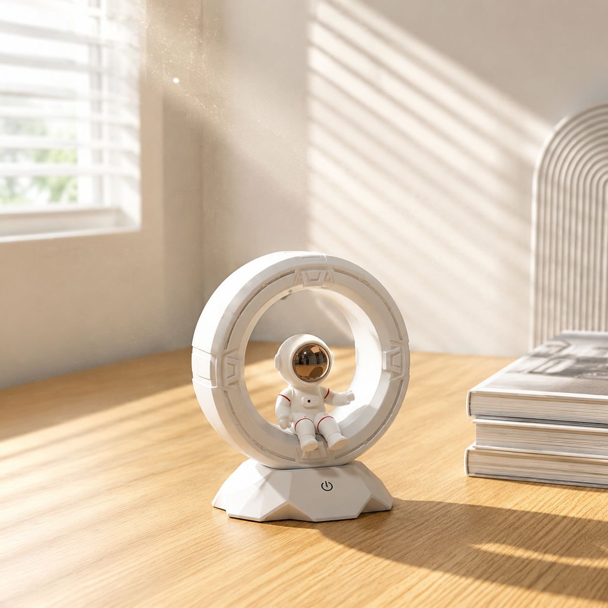 Astronaut lamp creating cozy bedroom atmosphere
